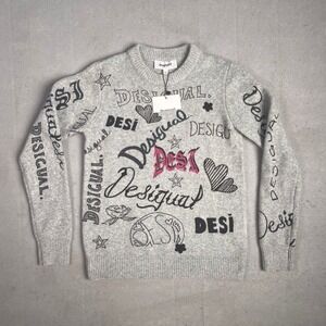 New Desigual Graphic Print Sweater Pullover‎ Crew Neck Casual Top XS